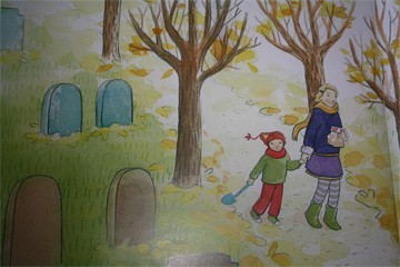 moeder en kind op weg naar het graf met schepje en bolletjes