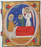manuscript illumination with tobit tobias and the archangel raphael in an initial o